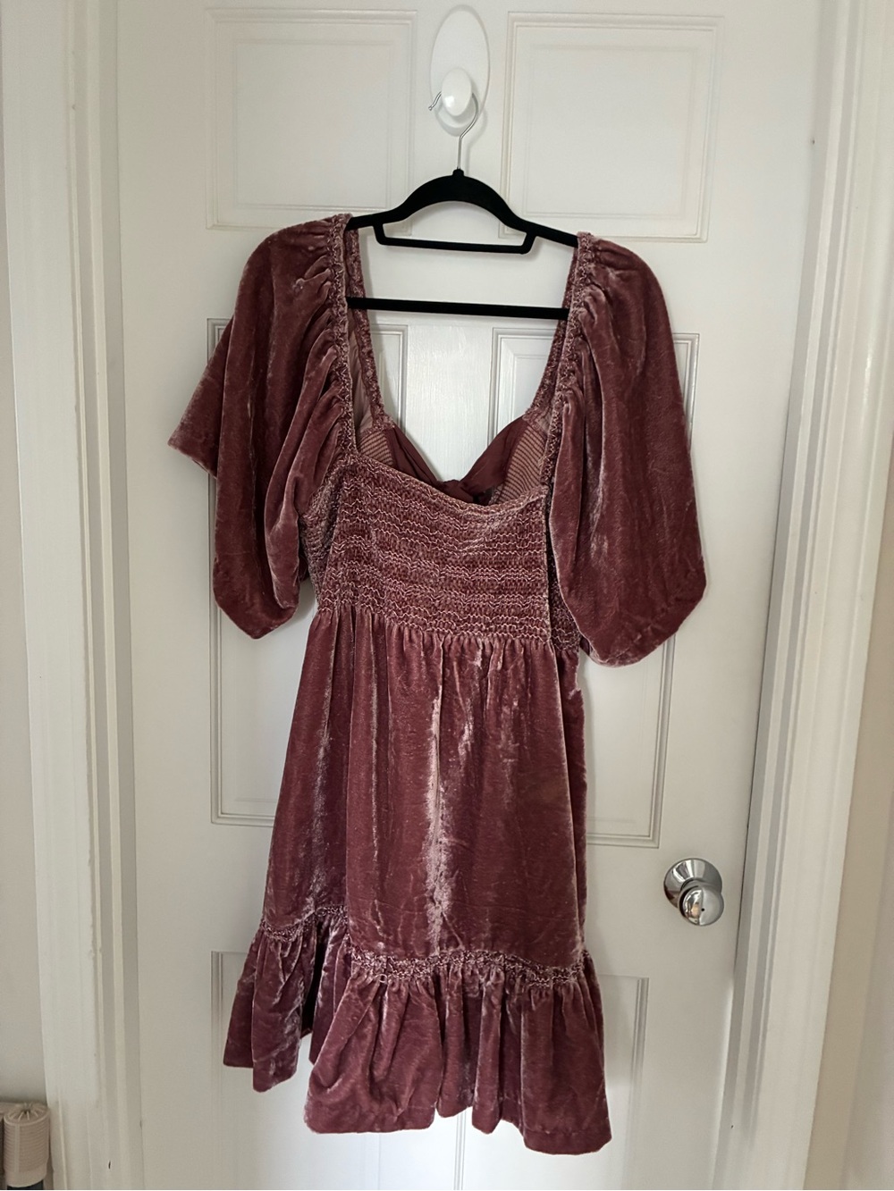Velvet Smocked Puff-Sleeve Mini Dress in Dusty Rose